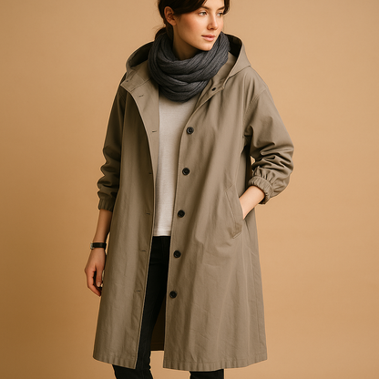 Longline Button-Front Hooded Casual Coat