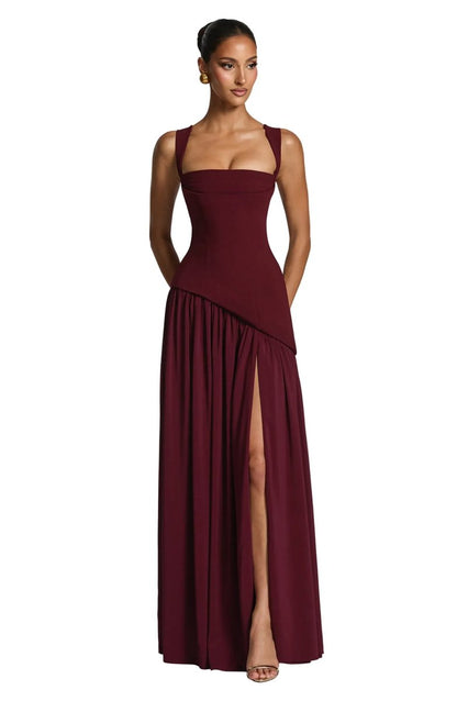 Pleated Square Neck Maxi Gown with Side Split