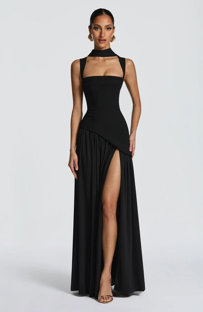 Pleated Square Neck Maxi Gown with Side Split