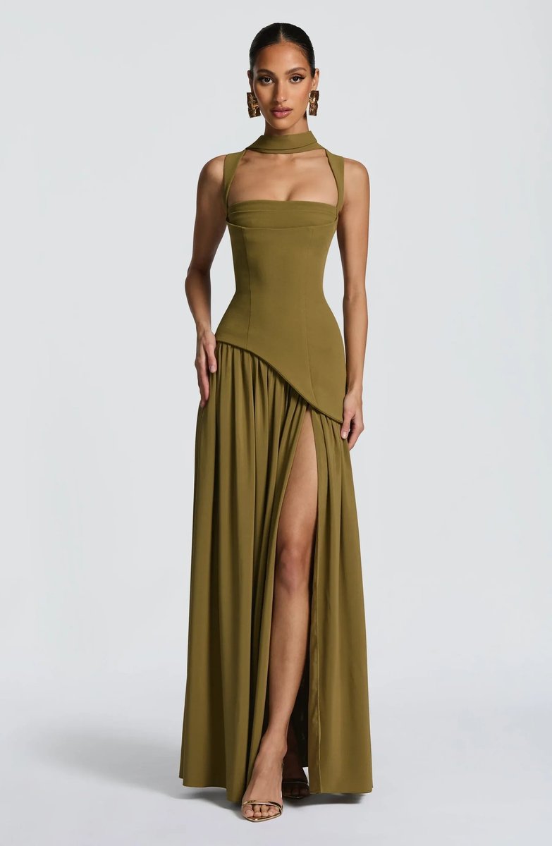 Pleated Square Neck Maxi Gown with Side Split
