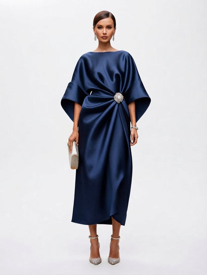 Brooch Detail Draped Evening Maxi Dress