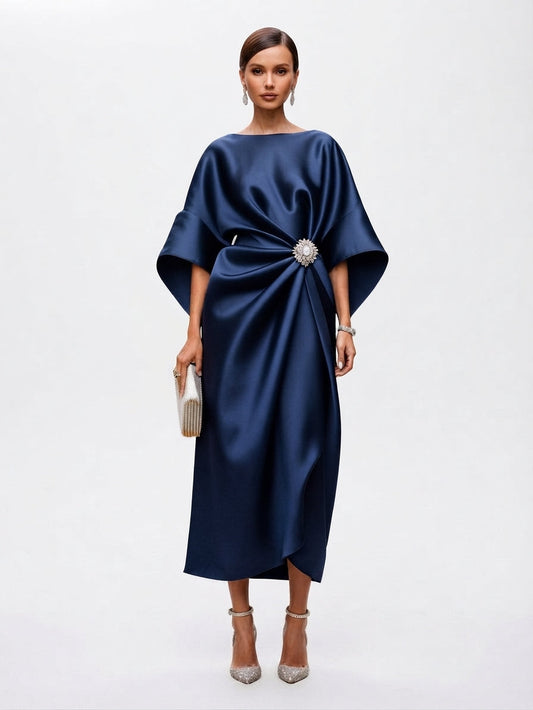 Brooch Detail Draped Evening Maxi Dress