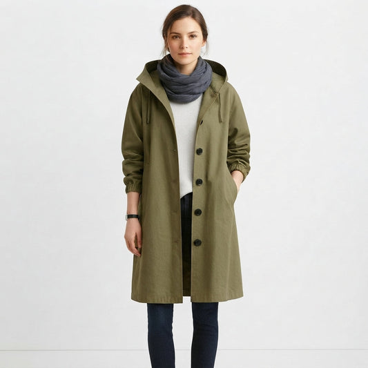 Longline Button-Front Hooded Casual Coat