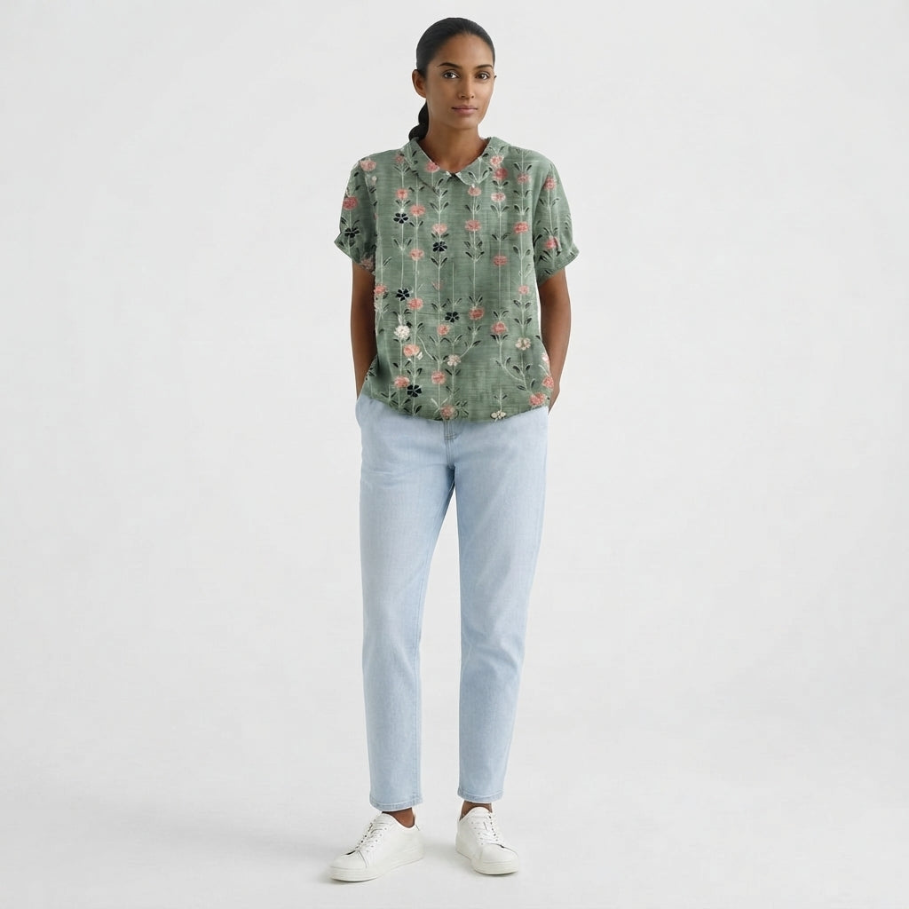 Floral Short Sleeve Collared Blouse