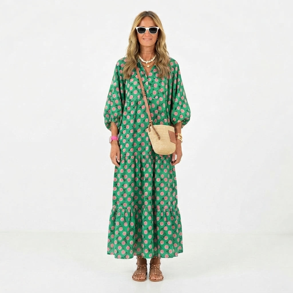 Printed V-Neck Flowing Maxi Dress