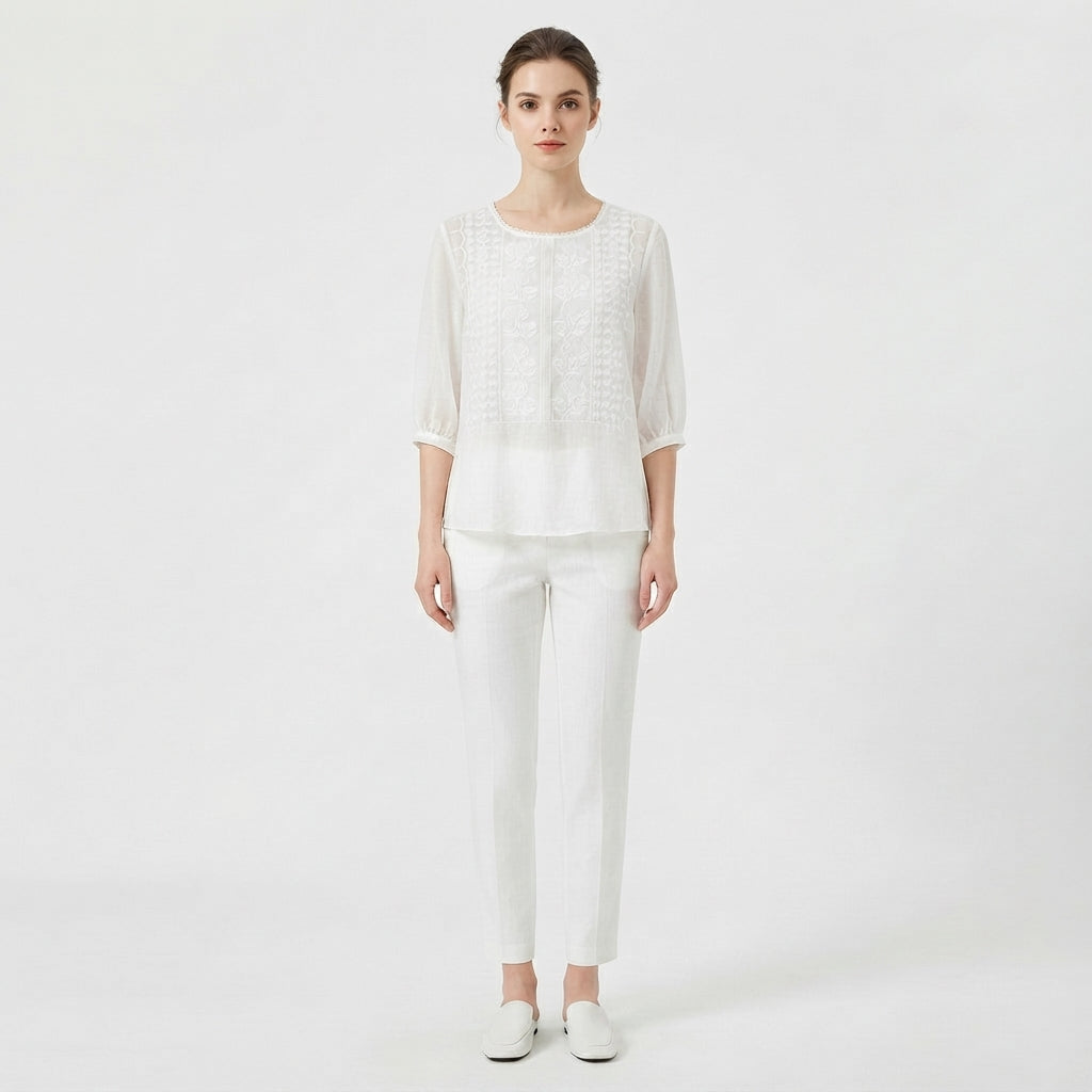 Embroidered Front Round-Neck Blouse