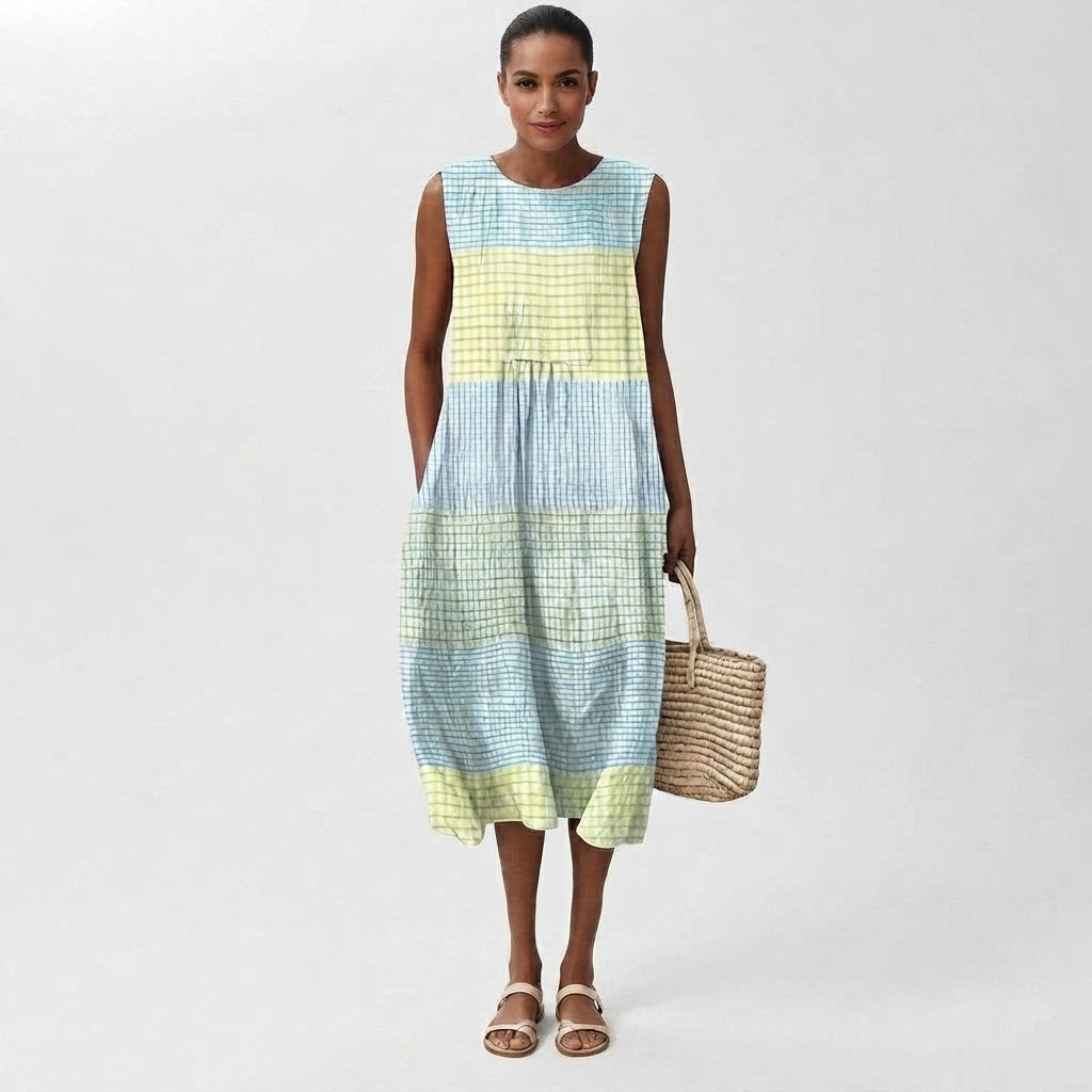 Checked Linen Sleeveless Midi Dress