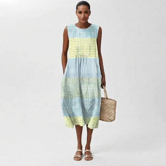 Checked Linen Sleeveless Midi Dress