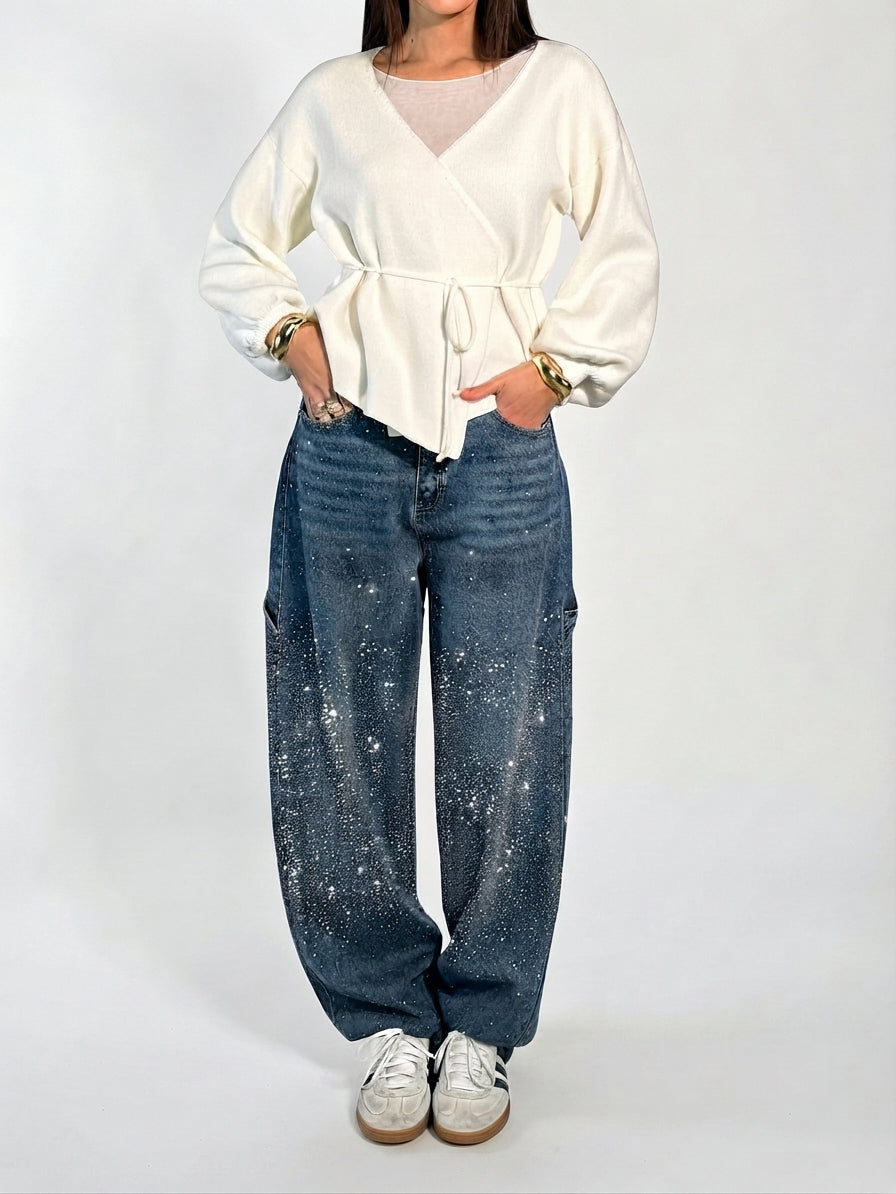 Rhinestone Detail Wide-Leg Jeans