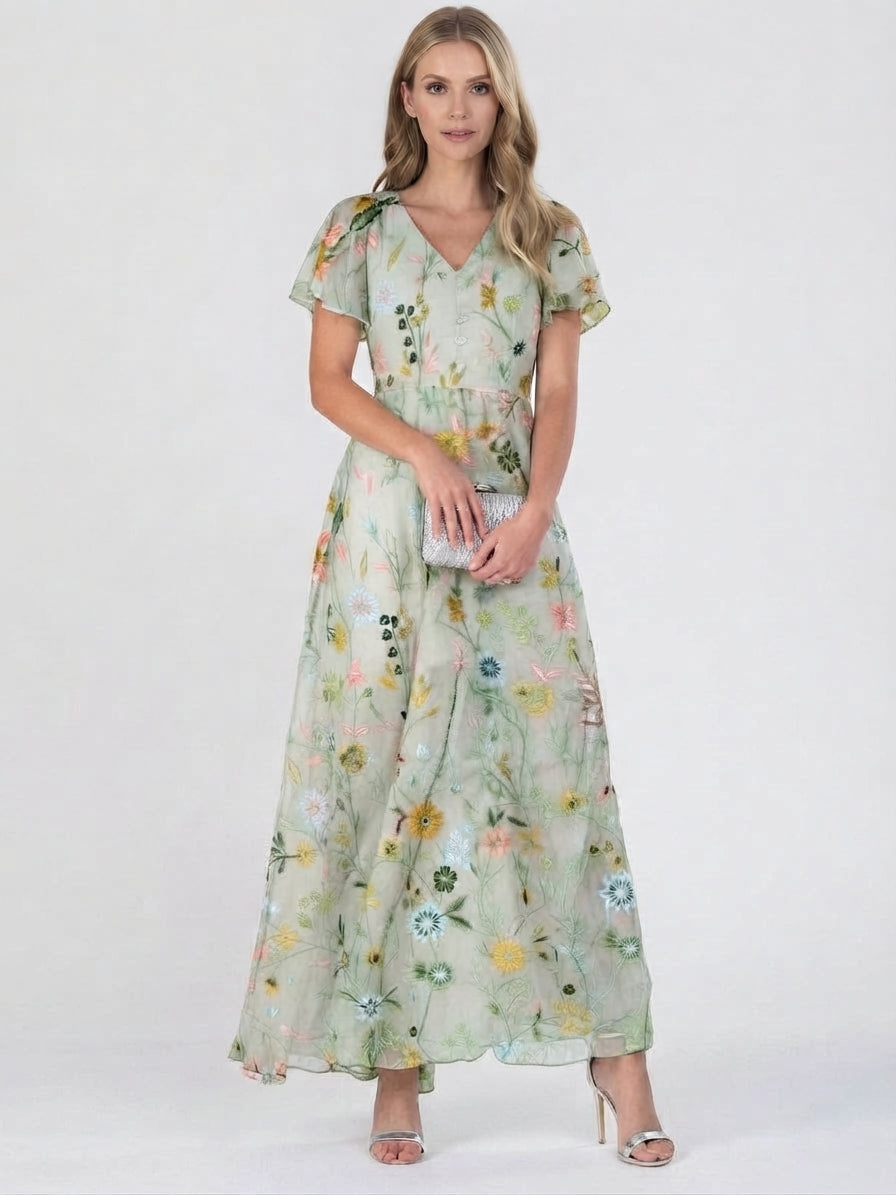 Botanical Print V-Neck Maxi Dress