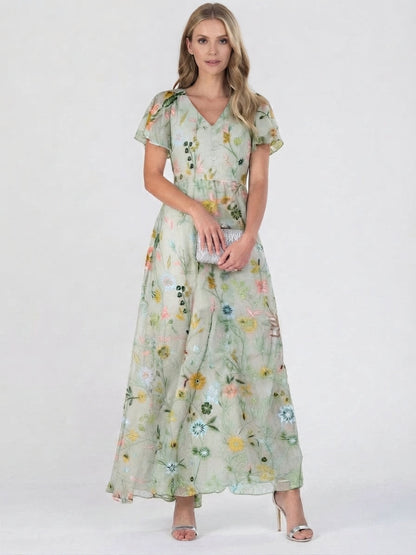 Botanical Print V-Neck Maxi Dress