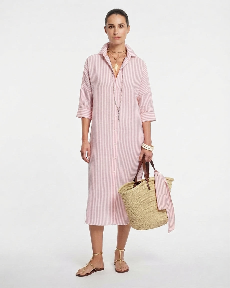 Stripe Button-Front Midi Shirt Dress