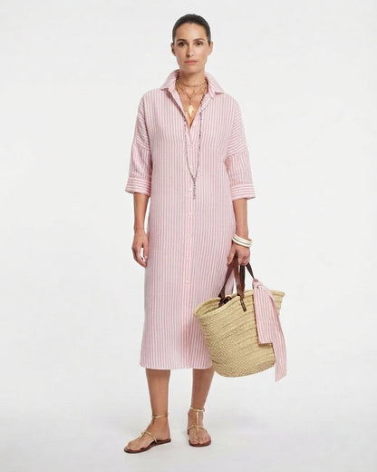 Stripe Button-Front Midi Shirt Dress