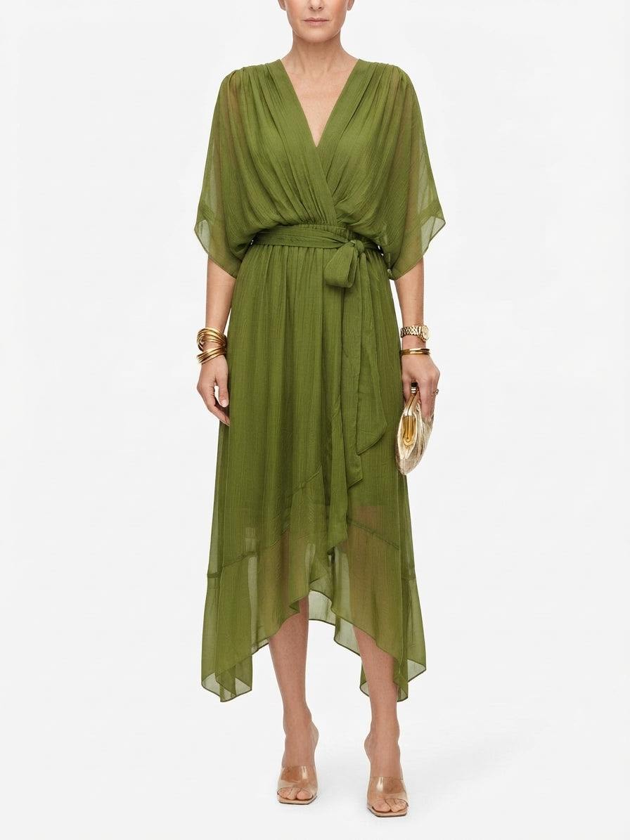 Women's Tie-Waist Flutter Sleeve Midi Dress