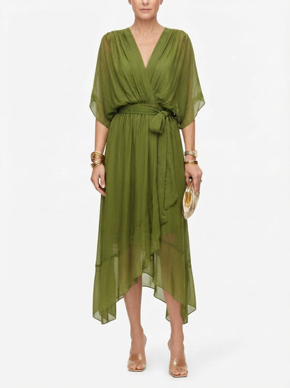 Women's Tie-Waist Flutter Sleeve Midi Dress
