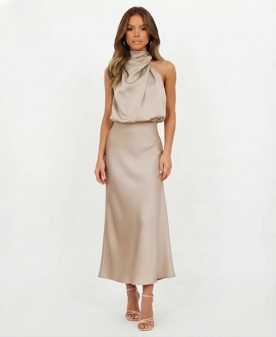 Silky Satin Halterneck Midi Dress