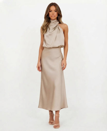 Silky Satin Halterneck Midi Dress