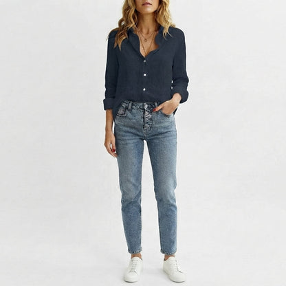 Linen-Blend Relaxed V-Neck Button-Front Top