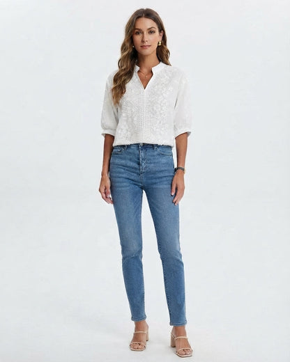 Women's Embroidered V-Neck Everyday Blouse
