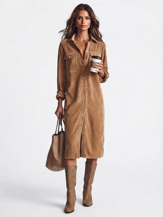 Button-Front Long Sleeve Midi Dress