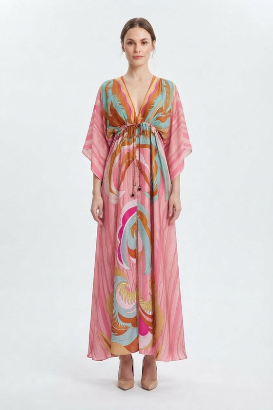 Women's Printed V-Neck Maxi Dress with Tie Belt