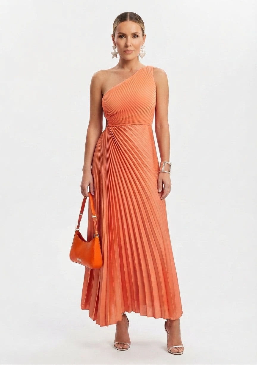 Women's One-Shoulder Pleated Evening Maxi Dress