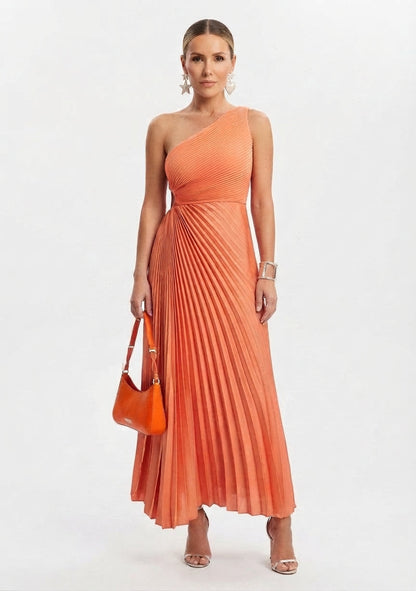 Women's One-Shoulder Pleated Evening Maxi Dress