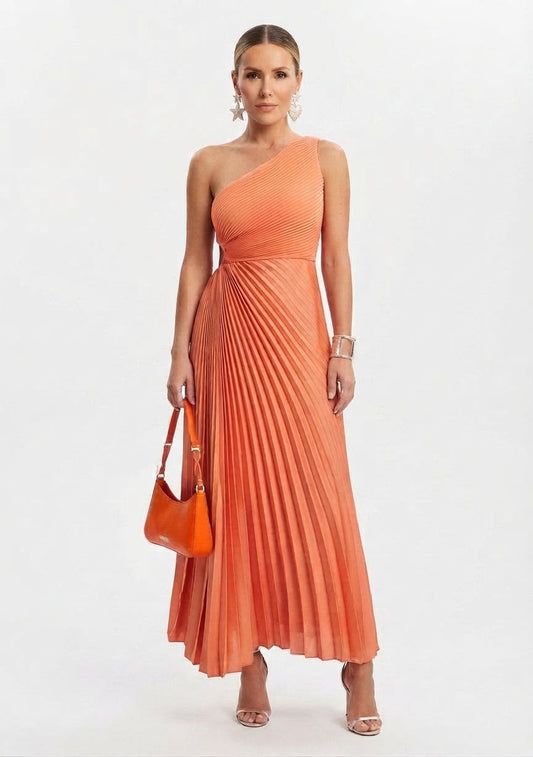 Women's One-Shoulder Pleated Evening Maxi Dress