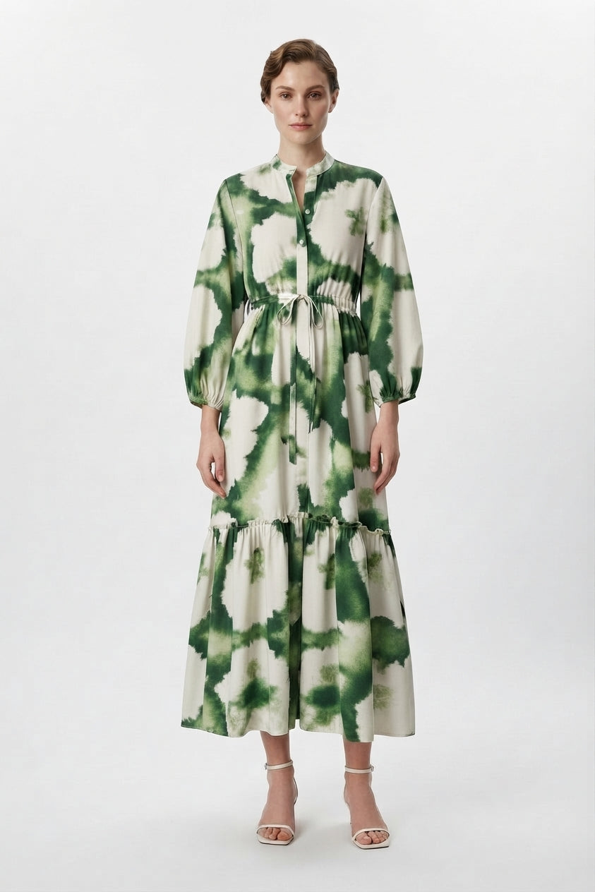 Women's Printed Long Sleeve V-Neck Maxi Dress