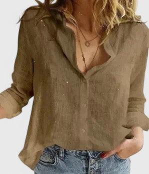 Linen-Blend Relaxed V-Neck Button-Front Top