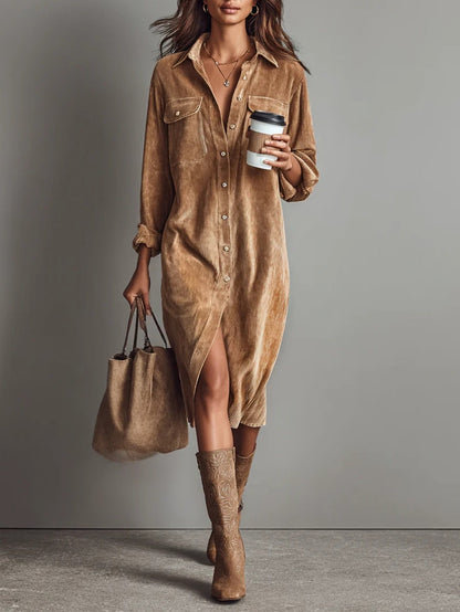 Button-Front Long Sleeve Midi Dress