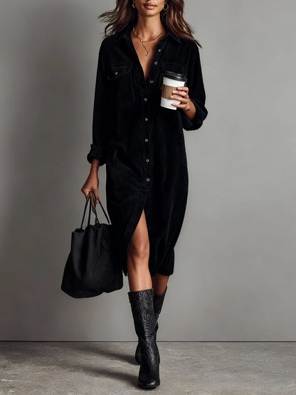 Button-Front Long Sleeve Midi Dress