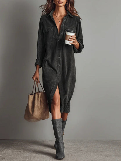 Button-Front Long Sleeve Midi Dress