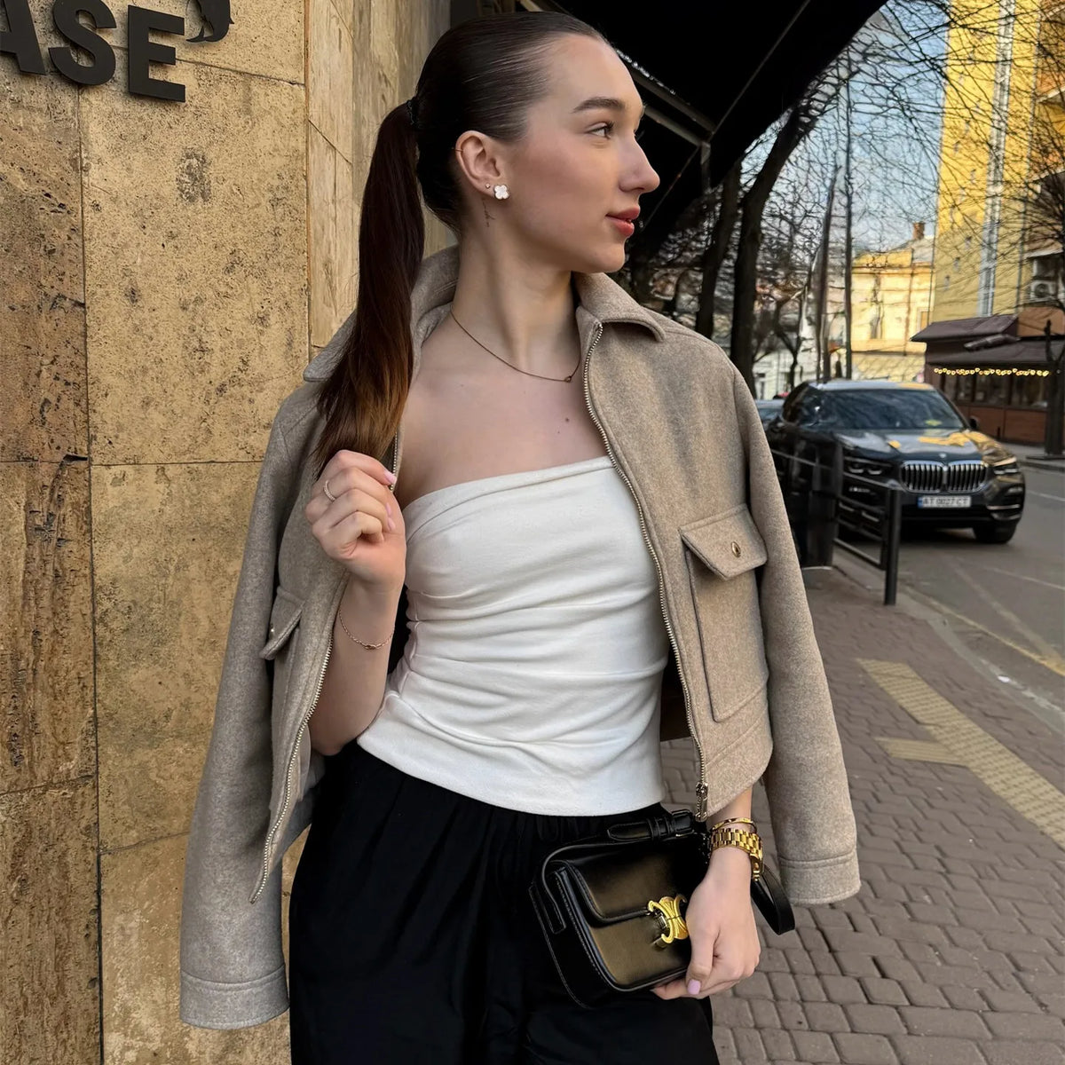 Cropped Zip-Through Bomber Jacket