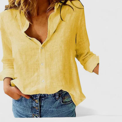 Linen-Blend Relaxed V-Neck Button-Front Top